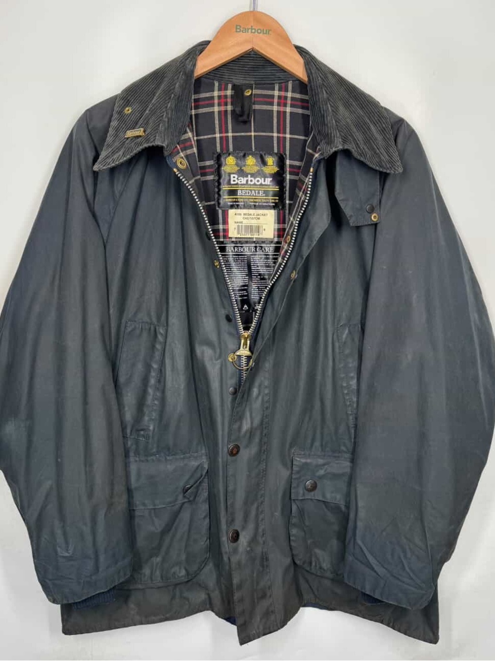 Vintage 2000 Barbour Navy Bedale Waxed Cotton Jacket with Corduroy Collar